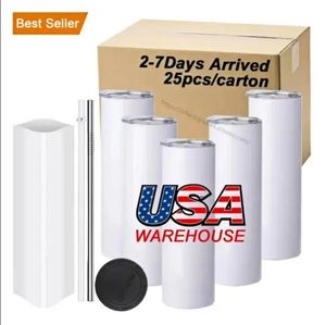 /CA US Local Warehouse Sublimation Blanks Mugs 20oz Stainless Steel Straight Tumblers White Tumbler with Lids and Straw Heat Transfer Cups Water Bottles 0515