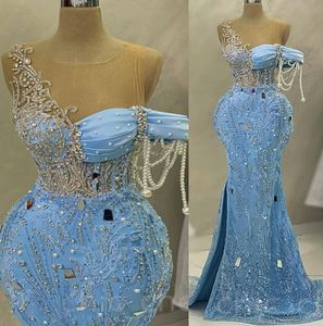 2023 Maj Aso Ebi Pärled Crystals Prom Dress Paljett Lace Mermaid Evening Formal Party Second Reception Födelsedagsengagemang Klänningar Robe de Soiree ZJ260