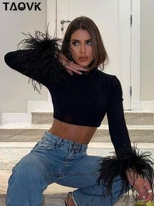 Women's T-Shirt TAOVK Women's Basic Black T-shirts Ladies Turtleneck Crop Tops Fit Skinny Tops Long Sleeve Ostrich Feather Streetwear Outfits 230515