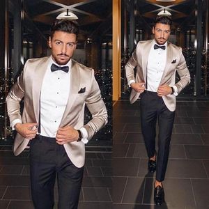 Men's Suits & Blazers Champagne Satin Shawl Lapel Defacto Homme For Custom Made Slim Fit Tuxedos Groom Men Suitstrajes De Hombre Vestir Eleg