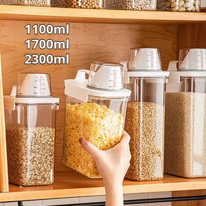 Organization Airtight Food Storage Container Clear Transparent Kitchen Cereal Jar With Measuring Cup Pouring Spout Cabinet Organizer Box Set