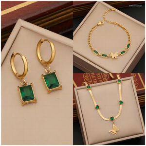 Necklace Earrings Set Jewelry For Women Fashion Emerald Love Butterfly Gold Color Stainless Steel Bracelet Party Trend Gifts