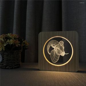 Night Lights Wild Goat Animal 3D LED Arylic Wooden Lamp Table Light Switch Control Carving For Children's Room Decorate Year Gift