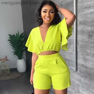 Moda feminina Fashion Two Piece Set Women Sexy V Neck Ruffles Sleeve Crop Top Bolsets Terne 2023 Summer Street Rua Sólida Roupas de traje T230515