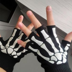 Cycling Gloves Punk Unisex Halloween Skeleton Skull Half Finger Fingerless Stretch Knitted Winter Mittens