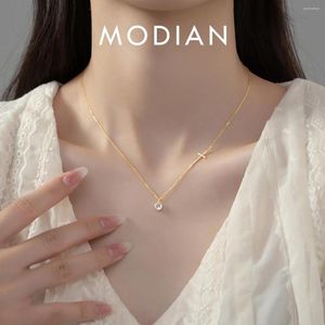 Ketten MODIAN 925 Sterling Silber Einfache Runde Zirkon Anhänger Trendy Gold Farbe Kreuz Link Kette Halskette Für Frauen Edlen Schmuck geschenk