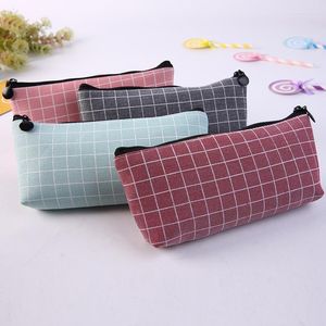 Large Capacity Storage Pen Case Canvas Plaid Shape Pencil Portable Student School Office Stationery Kawaii