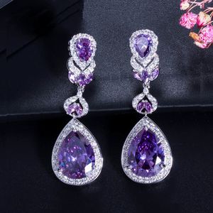 Dangle Chandelier BeaQueen European American Luxury Purple Crystal Earrings Pear Cut Long Drop Women Wedding Earrings with Cubic Zirconia E024 230515