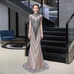 Party Dresses 14322IENA Bling Silver Mermaid Prom Long Jewel Neck Beads Crystals Sexy Tassel Transparent Evening Gown Wear 230515