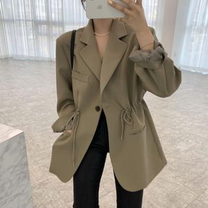 Women's Suits Vintage Drawstring Loose Suit Jacket Women Autumn 2023 Long Sleeve Single Button Notched Collar Solid Office Ladies Blazer