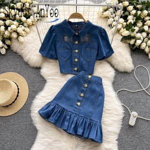 Work Dresses Summer Women's Denim Suit Fashion Two Piece Set Slim Short Top And Bodycon Mini Skirt Sets 2 Sexy Women Outfit