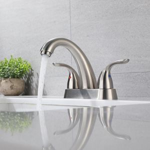 Bathroom Sink Faucets Faucet Two Handles High Arc 4" Lavatory Bath With Deck Plate & -Up Drain Fit 3 Hole Installation Brushed