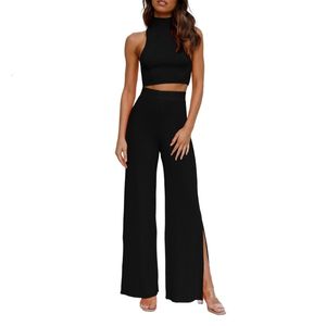 Women's Two Piece Pants Womens Summer Casual Two Piece Outfits Sweatsuits Cropped Tank Mock Neck Ribbed Knit Long Pants 517D 230515