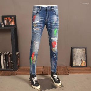 Jeans masculino jeans masculino Trendy hole remendo imprimido tinta manchada de tinta personalizada calça de rua de rua masculina coisas estranhas