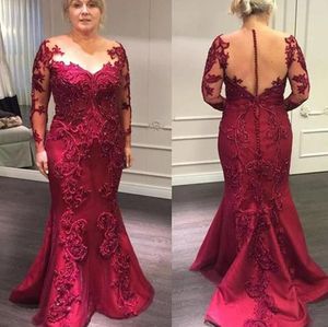 Burgundy Gelin Elbiseleri Anne Koyu Kırmızı Denizkızı İllüzyon Uzun Kollu Dantel Aplikler Parti Akşam Düğün Konuk Gowns