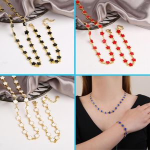 Necklace Earrings Set Classic 7 Color Copper Drip Oil Five-Leaf Flower Bracelet Pentagram Jewelry For Women Wedding Party Daily Wear