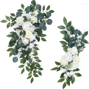 Dekorativa blommor Vit Rose Artificial Flower Wedding Bakgrund Båge Välkommen Tecken Hängande hörn Silkkrans utomhusväggdörrdekoration