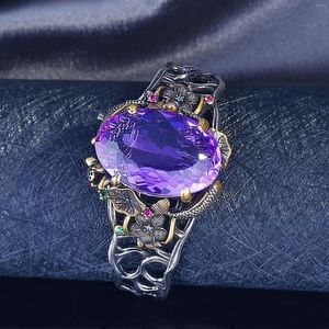 Anelli a grappolo Zircone viola Loto Vintage Cristallo Argento 925 Talismani Gioielli Anello regolabile di lusso Giada intagliata Regalo da donna Naturale