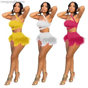 Women's Tracksuits Sexy Feathers 2 Piece Set Women Summer Sexy Skew Strap Bandage Tube Crop Top + Shorts Skinny Club Party Matching Set Rave Outfit T230515