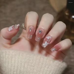 False Nails 24pcs Flower Coffin Ballet Full Cover Press On With Rhinestone Design Artificial Acrylic For Girl Gifts