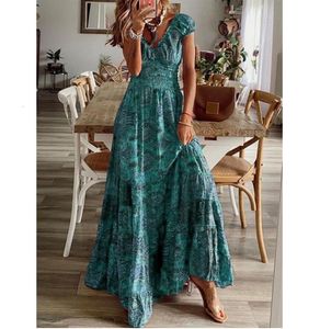 Casual Dresses Women Summer Short Sleeve Loose Beach Dresses Retro Pattern Print Bohemian Long Dress Spring V Neck High Waist Maxi Cover Up 230515