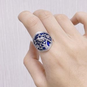 Cluster Rings Original 925 Sterling Silver Enamel Adjustable Ring For Women Vintage Ethnic Embossed Bird Tree Wide Finger Jewelry JZ019