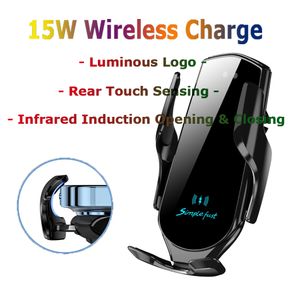 Universal Wireless Charger Automatic Clamping Car Charger Holder ABS+PC Mount Smart Sensor 15W Fast Charging Charger för iPhone Samsung Xiaomi -telefoner i detaljhandeln