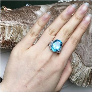 Klusterringar Topaz Ring Finger Natural Real Blue 925 Sterling Silver grossist för män eller kvinnor Gemstorlek 12 16mm