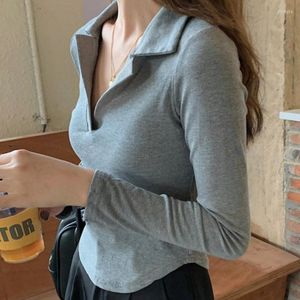 Women's Polos Polo Shirts Irregular Women Fall Casual Long-sleeve T-shirt Ladies Tops Tees Grey Black White Slim Cropped Basic Camisas