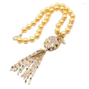 Hänge halsband guaiguai smycken naturligt gult skal pärlhalsband elektroplatta rosa cross quartzs larimars cz kedja för kvinnligt framstående