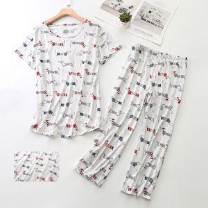 Pijama feminina feminina feminina conjunto Dachshund Teckel duas peças Tops de manga curta Três quartos de calça Capris