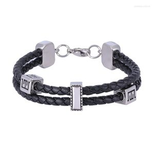 Bracelets de charme preto Braça de couro de couro duplo preto Mulheres homens homens aço inoxidável Bangle de pulseira artesanal Casais de joias Presente SP1157