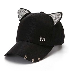 Snapbacks New Women's Summer Fall Black White Pink Hat Cat Ears Baseball Cap med ringar och spets diamant söt tjejhatt P230515