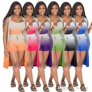 3xl Womens Gradient Color Tracksuits Three Piece Set Summer Outfits Sexig Sling Long Cape Pit Strips Vest Shorts Matching Set