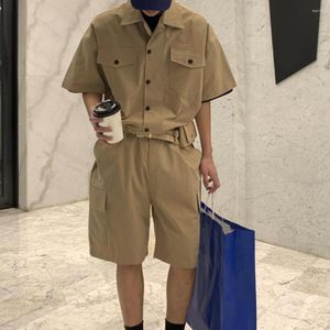 メンズトラックスーツファッション韓国人男性ロンパーバッグ通気性ビンテージビブソリッドカラーポケット貨物オーバーオール2023