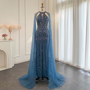 Abiti da festa Luxury Dubai Blue Mermaid Evening con Cape Heavy Beaded Crystal Arab Women Long Formal Prom Gowns per matrimonio 230515