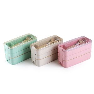 Bento Boxes Portable Three-Layer Bento Box With Spoon Wheat Straw Ceries Leak-Proof Food Storage Container Picnic Office School Lunchbox 230515