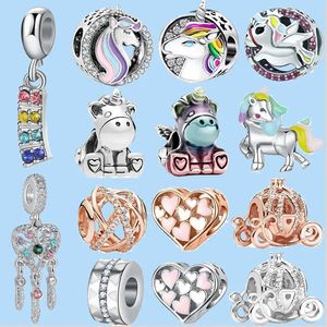 925 perline di fascino accessori adatti pandora charms gioielli perline gioielli di alta qualità regalo all'ingrosso 1 pz nuovo carino arcobaleno acchiappasogni corona unicorno