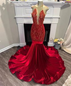 Vermelho lindo ouro vestidos de baile 2024 sheer topo sparkly beading veet menina negra sereia festa vestidos de gala