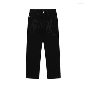 Мужские джинсы y2k Мужские вышиваемая вышивка с низкой талией джинсовая модная уличная джинсовая брюки свободные прямые брюки хип -хоп уличная одежда черная одежда