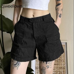 Kvinnors shorts Sweetown Denim Black Korean Fashion Cargo Streetwear S fickor Stitch Khaki Vintage Low Midje Jean Pants 230515