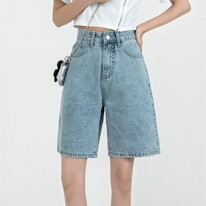 Kvinnors shorts Zhisilao Solid Kne-Length Denim Women Pojkvän Casual High midje Wide Ben Jeans Summer 230515