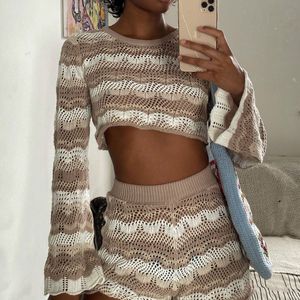 Women's T-Shirt Gaono Beach Holiday Bohemian Knitted Two Piece Set Ouftits Long Sleeve Hollow Out Crop Top Pullovers Slim Fit Short Streetwear 230515