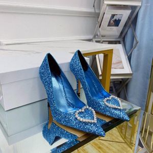 Dress Shoes Casual Designer Fashion Women Pumps Lady Blue Glitter Strass Point Toe High Heels Thin Heeled Stiletto Bride Wedding