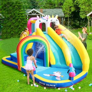 Castello di unicorno gonfiabile con diapositive per acqua diapositiva per le feste per bambini che salta la casa di rimbalzo con piscina a spruzzo d'acqua arcobaleno arcobaleno arco