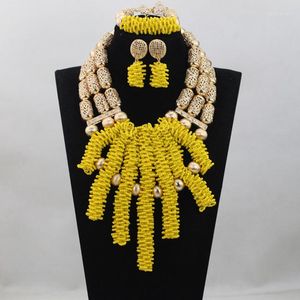 Halskette Ohrringe Set 2023 handgemachte zitronengelbe afrikanische Hochzeitsperlen Brautschmuck Kristall ANJ127