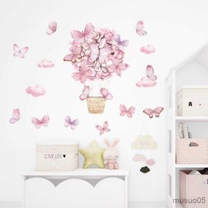 Adesivos para crianças de brinquedos de brinquedo rosa flor quente balão de balão de borboleta adesivos para garotas berçário de bebê decalques de parede de berçário quarto quarto decoração de casa murais