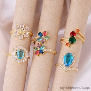 Band Rings Rainbow Flower Zircon Engagement Ring Vintage Female Blue Stone Sun Design Ring Antique Gold Color Wedding Rings For Women