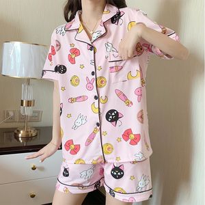 Kobietowa odzież snu Summer Anime Sailor Moon Print Zestawy piżamy dla kobiet z krótkim rękawem Pink Pijama Mujer Femil Nightsuit 230515