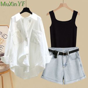 Kvinnors tvåbitar byxor Kvinnor Summer Fashion Simple Joker Clothing Set White Sun Protection Shirt Vest Denim Shorts Outfits Lady Casual Jeans Pants 230515